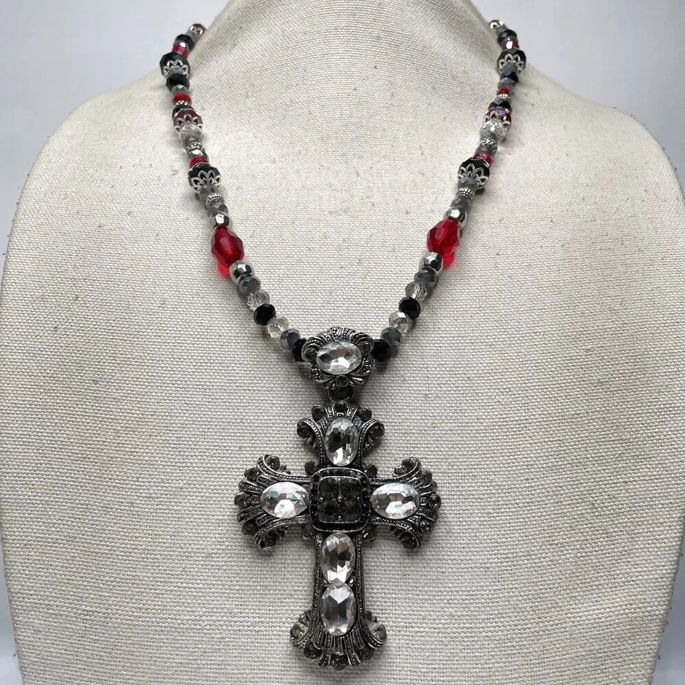 Artisan Gothic Cross Pendant Red Black White Glass Beaded Necklace Statement